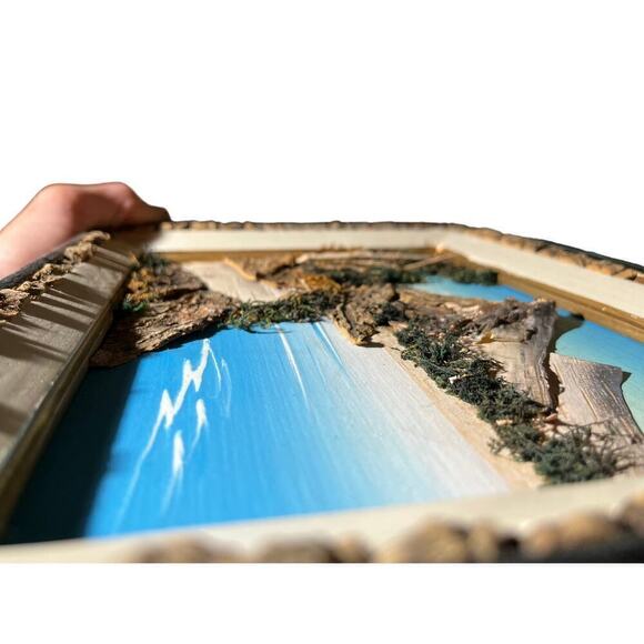 Vintage Japanese Mixed Media Framed Landscape Natural Art. Bark and Moss.3D. MCM - Picture 2 of 8